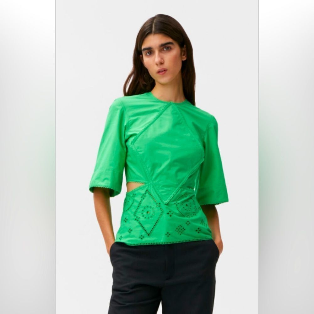 GANNI Women’s Broderie Anglaise Green Blouse Top